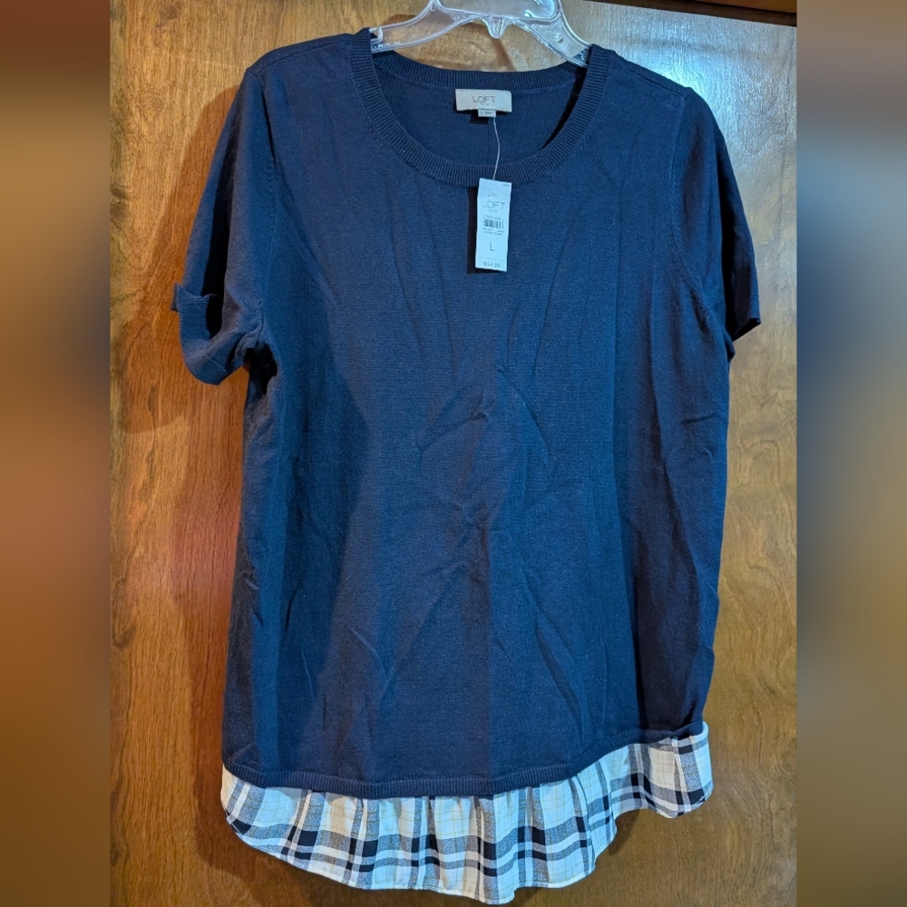 NWT L Loft Navy Blue Plaid Hem T-Shirt